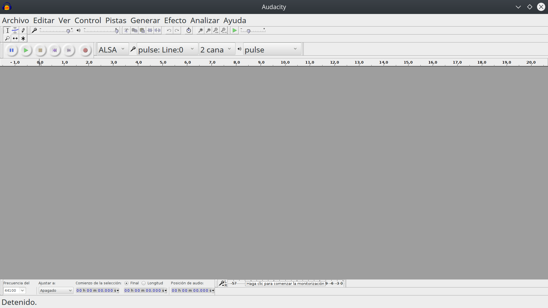 Pantalla inicial de Audacity.