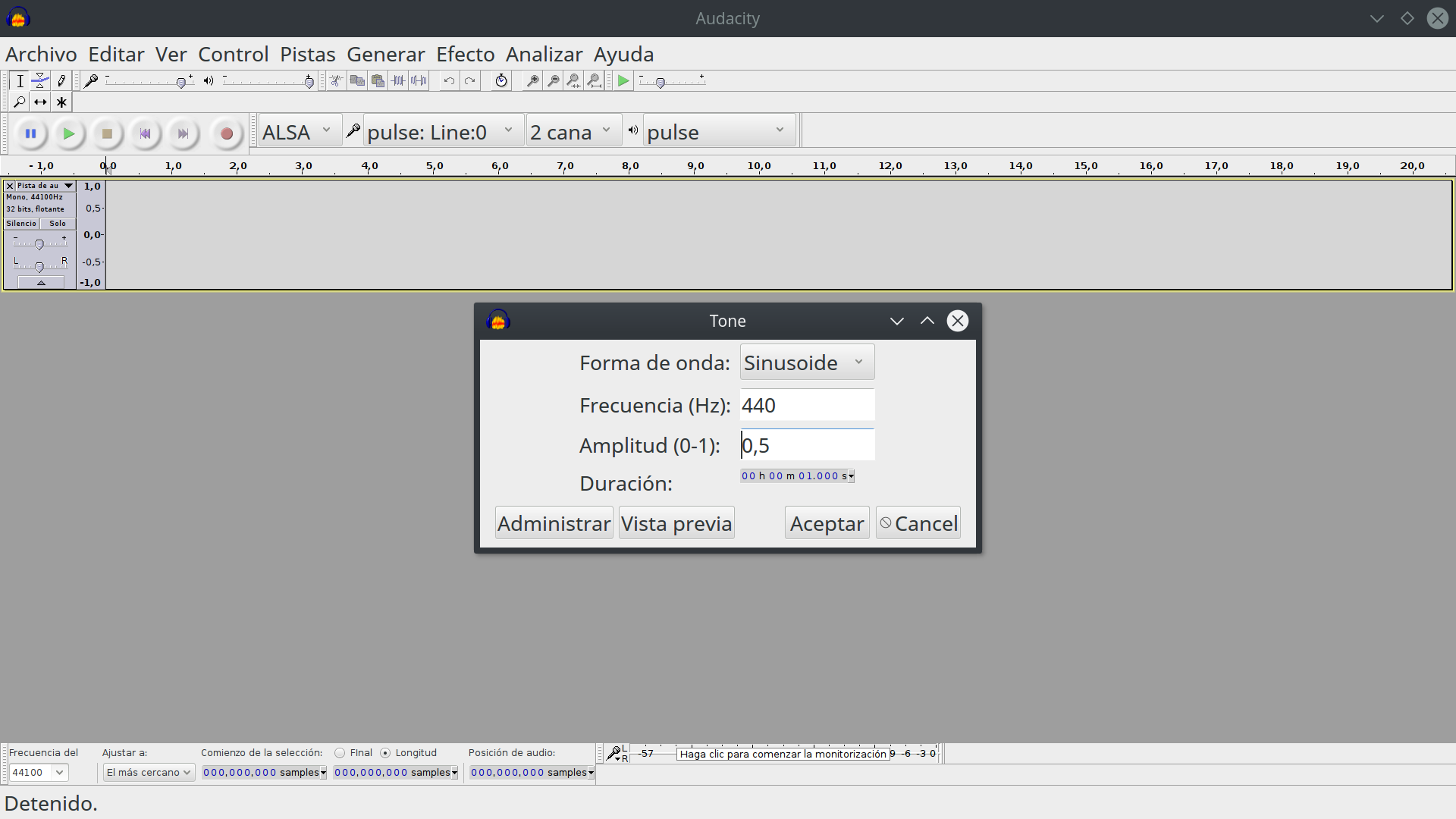 Cuadro de diálogo Tone, de Audacity.