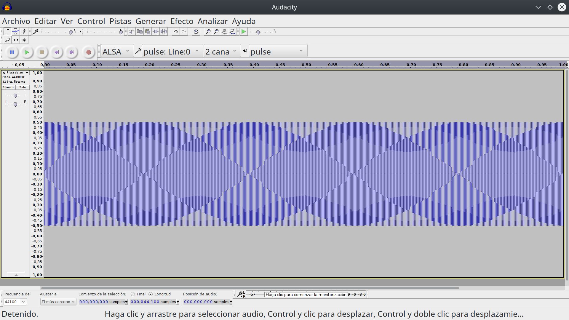 Pantalla de Audacity mostrando una única pista, con un tono sinusoidal de 440 Hertz de un segundo de duración y con una amplitud igual a uno.