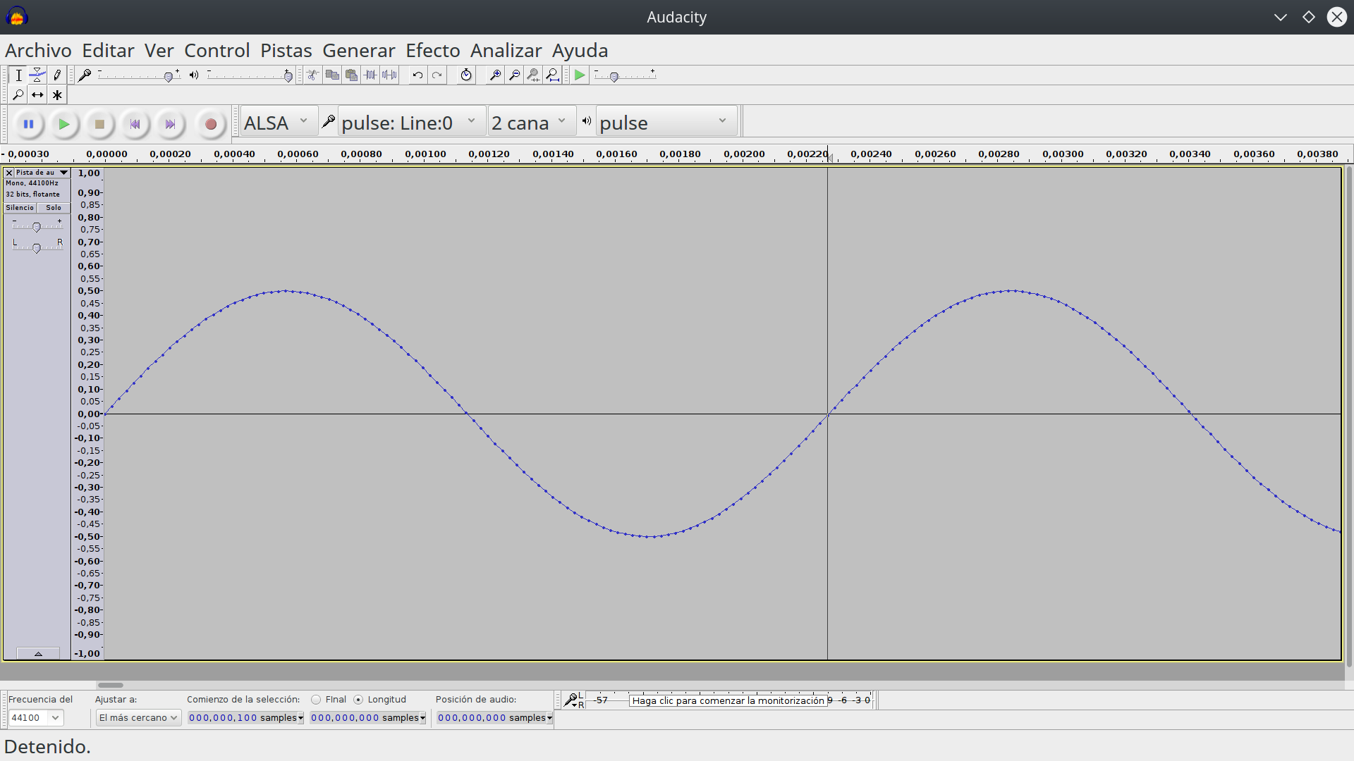 Pantalla de Audacity mostrando un solo ciclo de una onda sinusoidal con amplitud igual a 0,5 y frecuencia igual a 440 hertz.