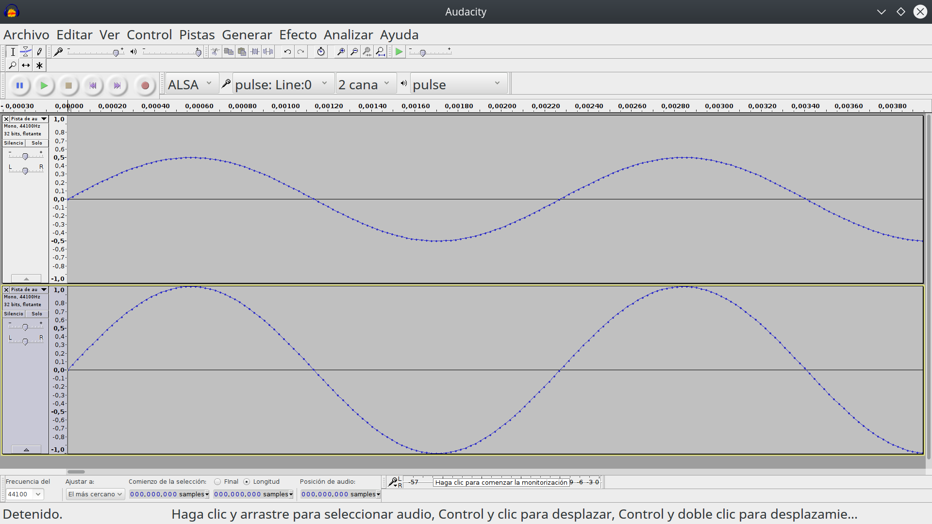 Pantalla de Audacity mostrando dos pistas de audio con tonos equivalentes a los gráficos 2 y 3 del artículo técnico anterior.