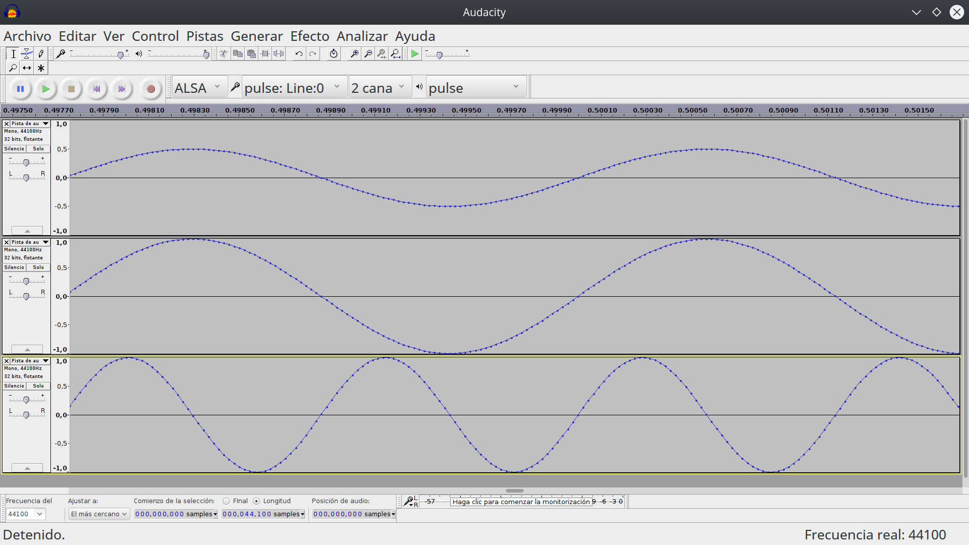 Pantalla de Audacity mostrando tres pistas de audio con tonos equivalentes a los gráficos 2, 3, y 4 del artículo técnico anterior.