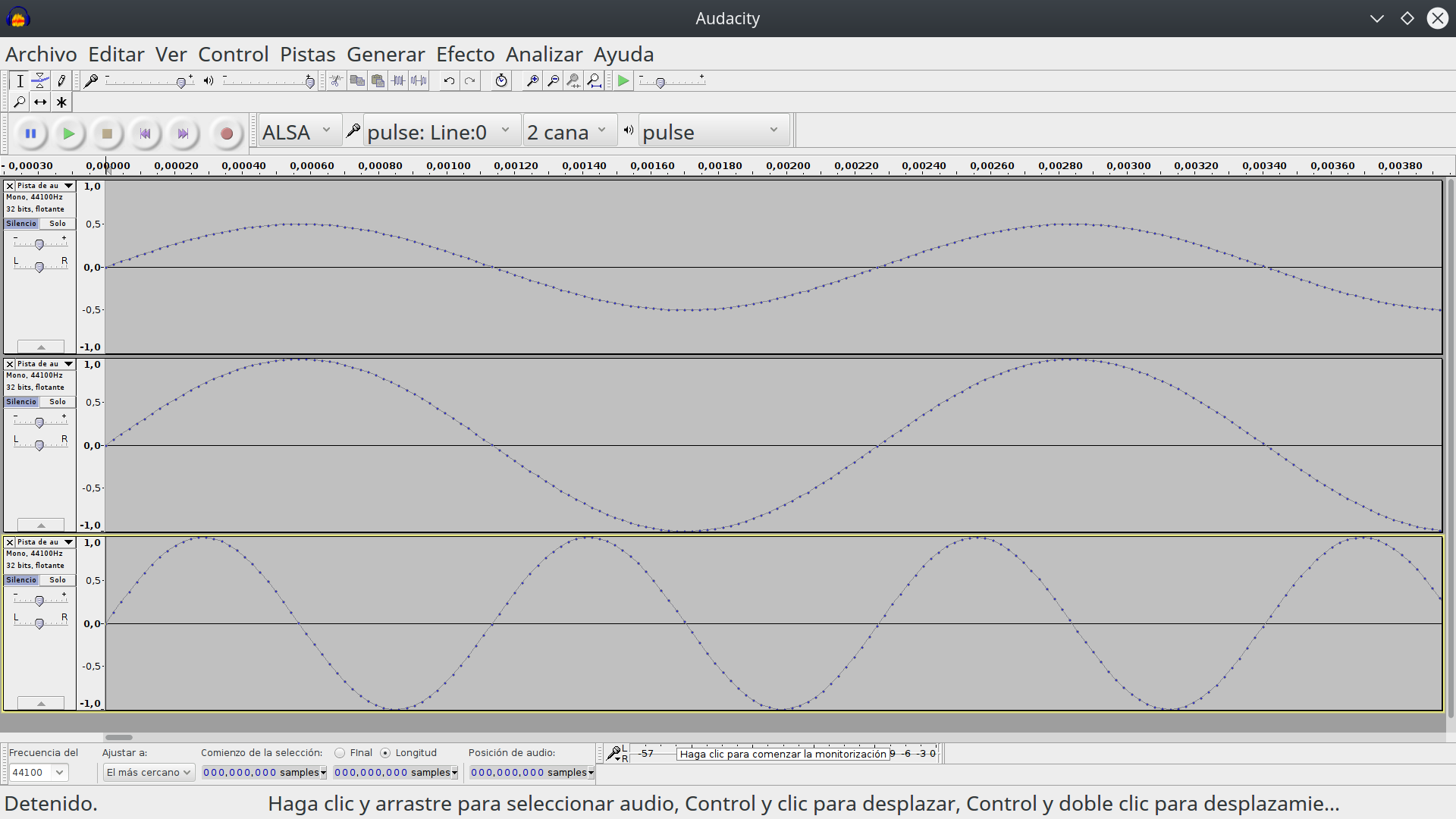 Pantalla de Audacity mostrando todas las pistas silenciadas.